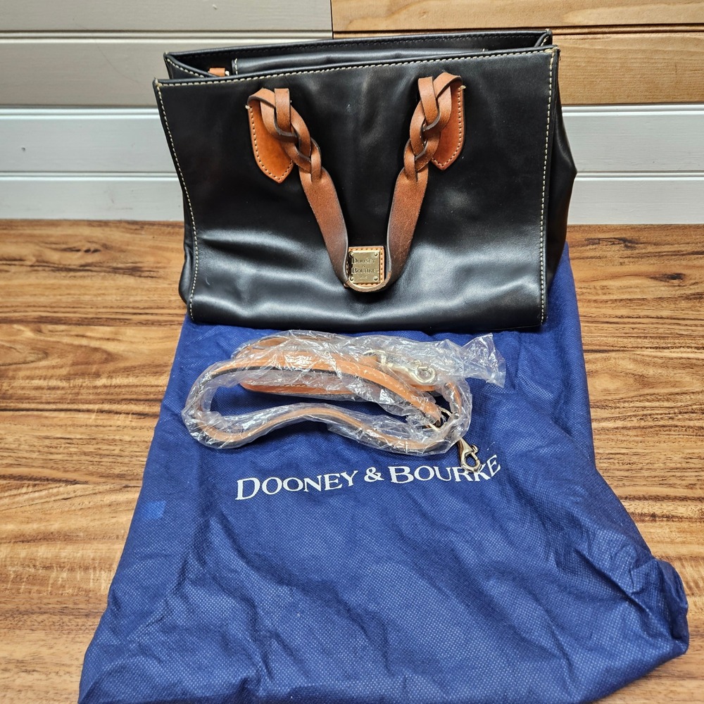 Dooney & Bourke Black Leather Satchel Braided Tan Handles Crossbody Bag